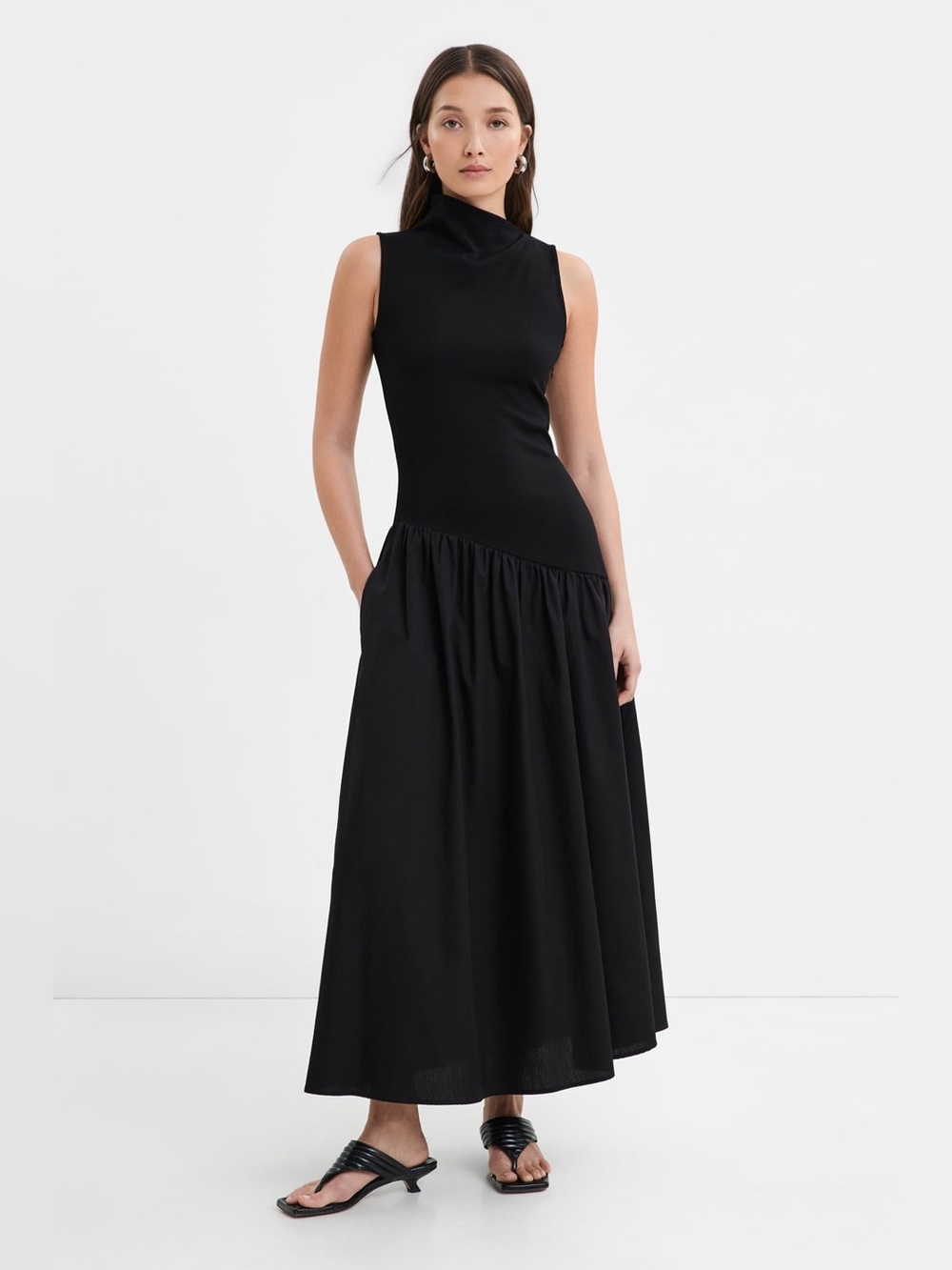 Marcella NYC Hutton Dress European Poplin Cotton Skirt Maxi Size Medium Black